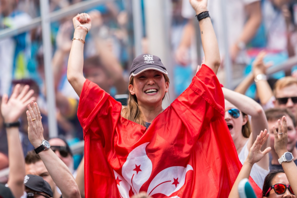 A fan celebrates at the Hong Kong Sevens